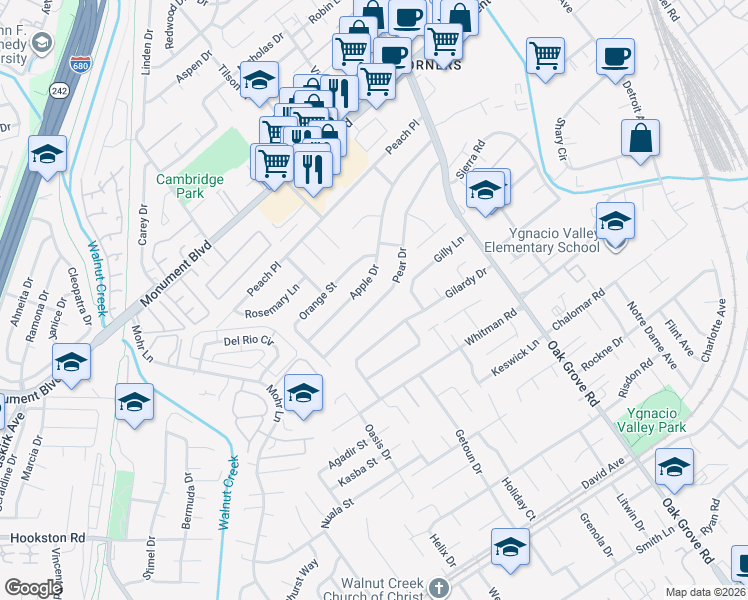 map of restaurants, bars, coffee shops, grocery stores, and more near 1451 Pear Drive in Concord