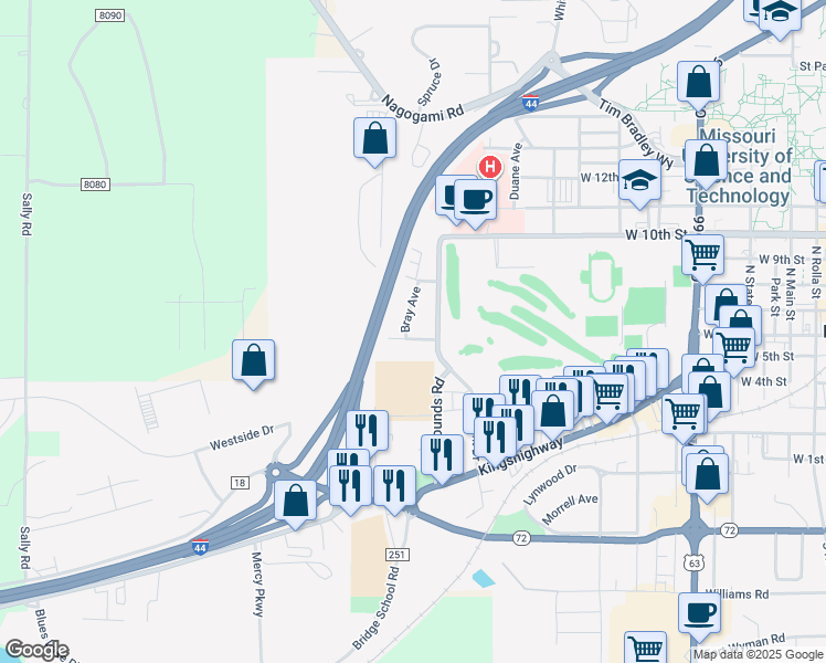 map of restaurants, bars, coffee shops, grocery stores, and more near 1204 8th Street in Rolla