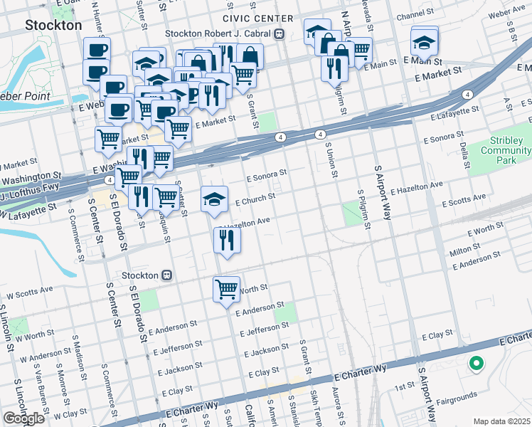 map of restaurants, bars, coffee shops, grocery stores, and more near 739 East Hazelton Avenue in Stockton