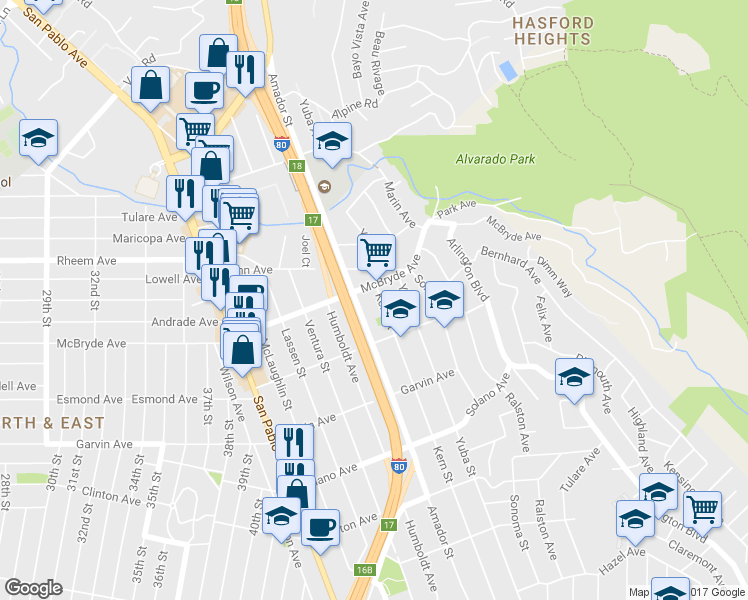 map of restaurants, bars, coffee shops, grocery stores, and more near 977 Kern Street in Richmond