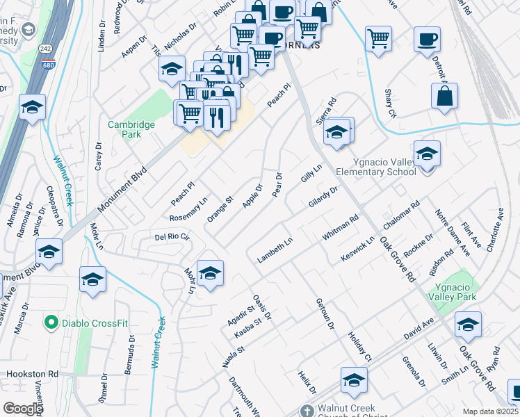 map of restaurants, bars, coffee shops, grocery stores, and more near 1451 Pear Drive in Concord