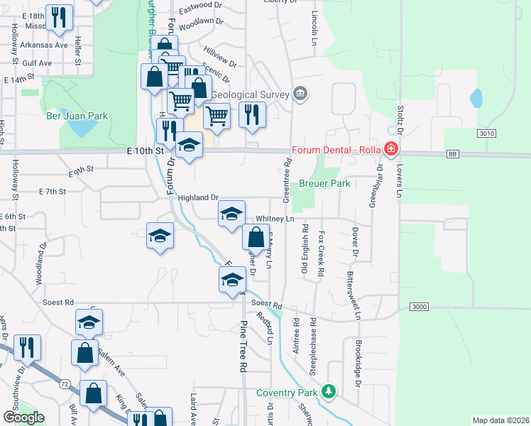 map of restaurants, bars, coffee shops, grocery stores, and more near 1405 Whitney Lane in Rolla