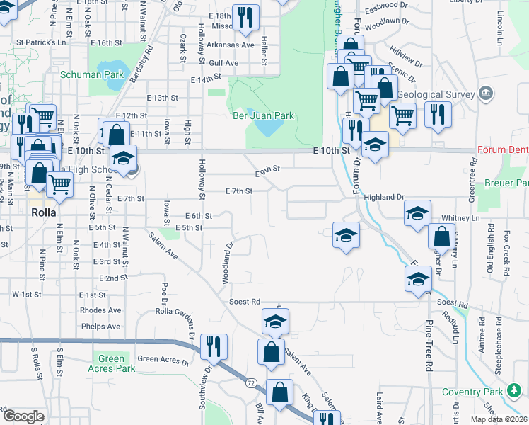 map of restaurants, bars, coffee shops, grocery stores, and more near 32 Irene Street in Rolla