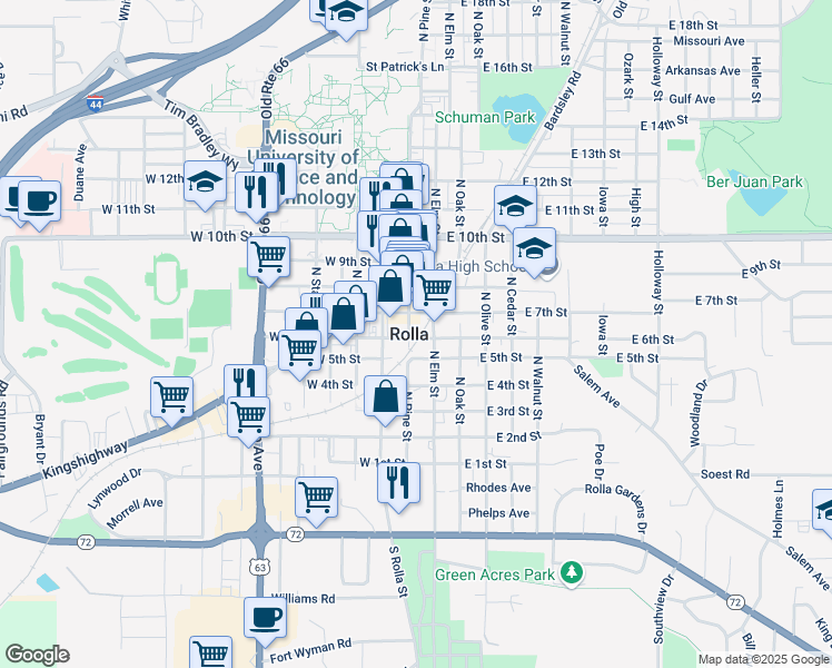 map of restaurants, bars, coffee shops, grocery stores, and more near in Rolla