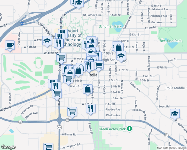 map of restaurants, bars, coffee shops, grocery stores, and more near in Rolla