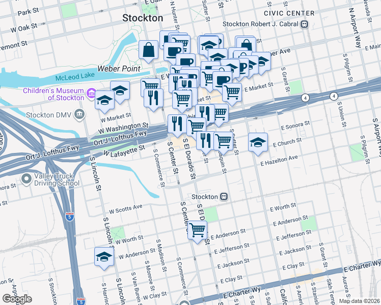 map of restaurants, bars, coffee shops, grocery stores, and more near 414 El Dorado Street in Stockton