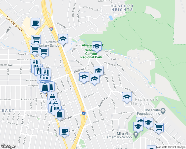 map of restaurants, bars, coffee shops, grocery stores, and more near 924 Sonoma Street in Richmond