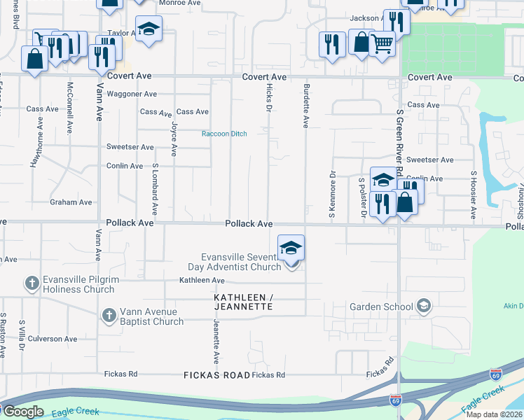 map of restaurants, bars, coffee shops, grocery stores, and more near 2058 Hicks Drive in Evansville