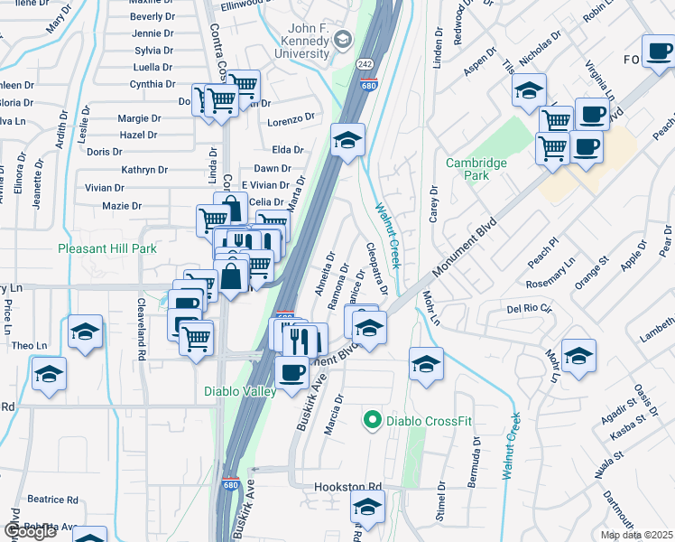 map of restaurants, bars, coffee shops, grocery stores, and more near 41 Belinda Drive in Pleasant Hill