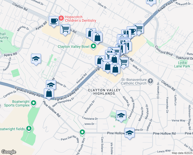 map of restaurants, bars, coffee shops, grocery stores, and more near 5511 Roundtree Place in Concord