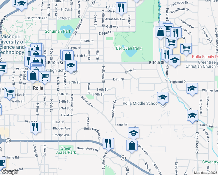 map of restaurants, bars, coffee shops, grocery stores, and more near 907 East 6th Street in Rolla