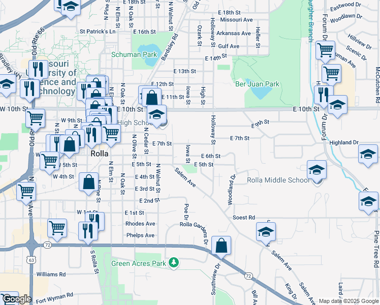 map of restaurants, bars, coffee shops, grocery stores, and more near 701 East 6th Street in Rolla