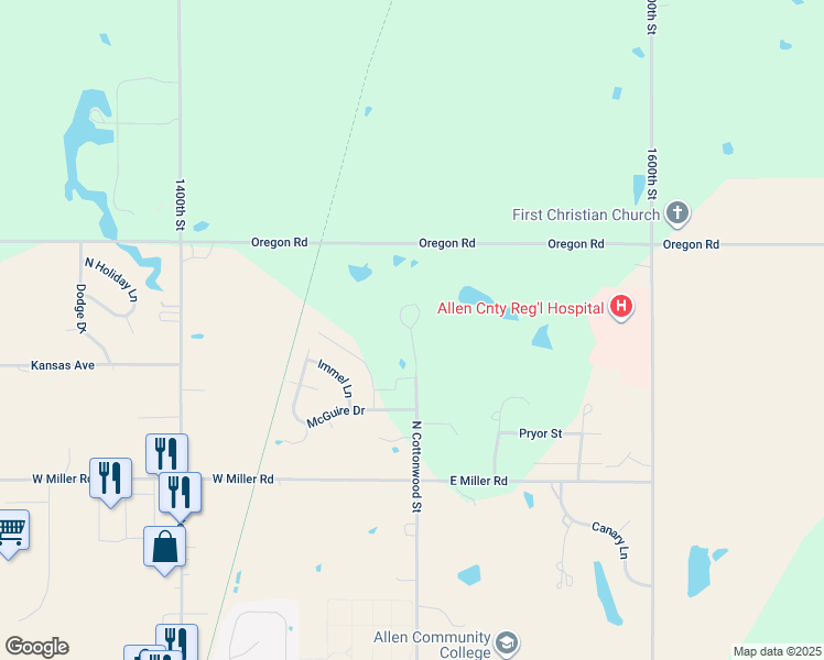 map of restaurants, bars, coffee shops, grocery stores, and more near 2607 Cedarbrook Drive in Iola