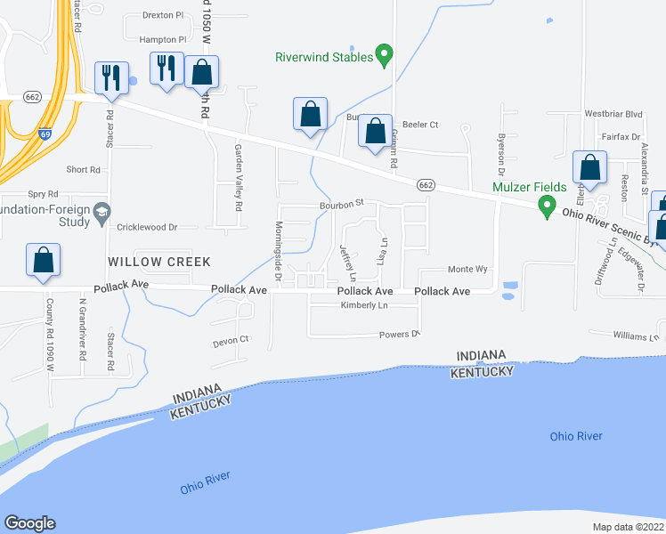 map of restaurants, bars, coffee shops, grocery stores, and more near 5900 Kreager Lane in Newburgh