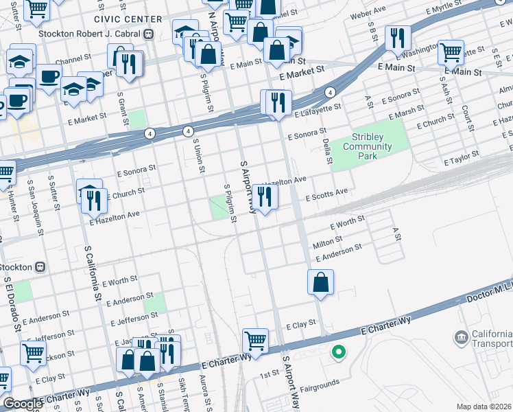 map of restaurants, bars, coffee shops, grocery stores, and more near 1301 East Scotts Avenue in Stockton