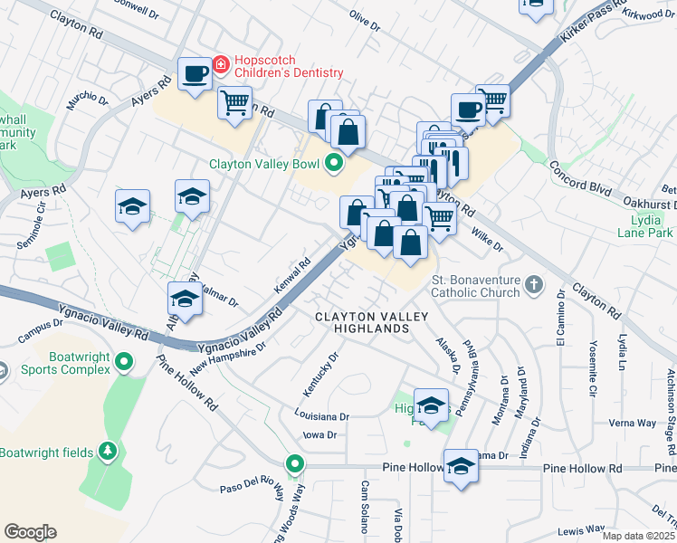 map of restaurants, bars, coffee shops, grocery stores, and more near 5474 Roundtree Place in Concord