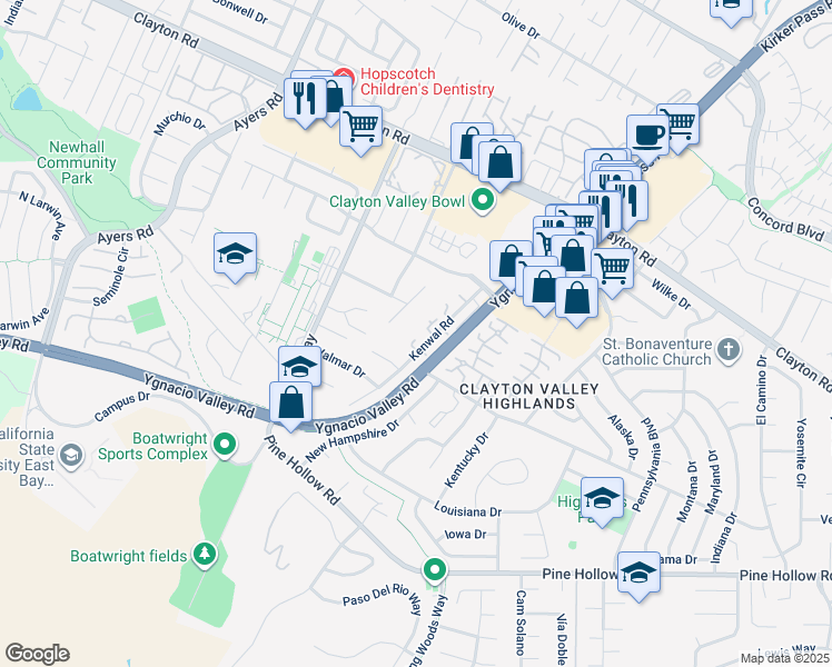 map of restaurants, bars, coffee shops, grocery stores, and more near 1215 Kenwal Road in Concord