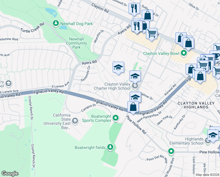 map of restaurants, bars, coffee shops, grocery stores, and more near 1065 Red Oak Drive in Concord