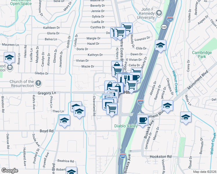 map of restaurants, bars, coffee shops, grocery stores, and more near 58 Mozden Lane in Pleasant Hill