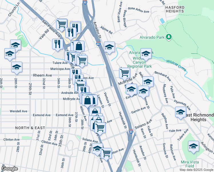 map of restaurants, bars, coffee shops, grocery stores, and more near 1011 Ventura Street in Richmond