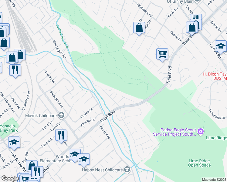 map of restaurants, bars, coffee shops, grocery stores, and more near 822 Navaronne Way in Concord