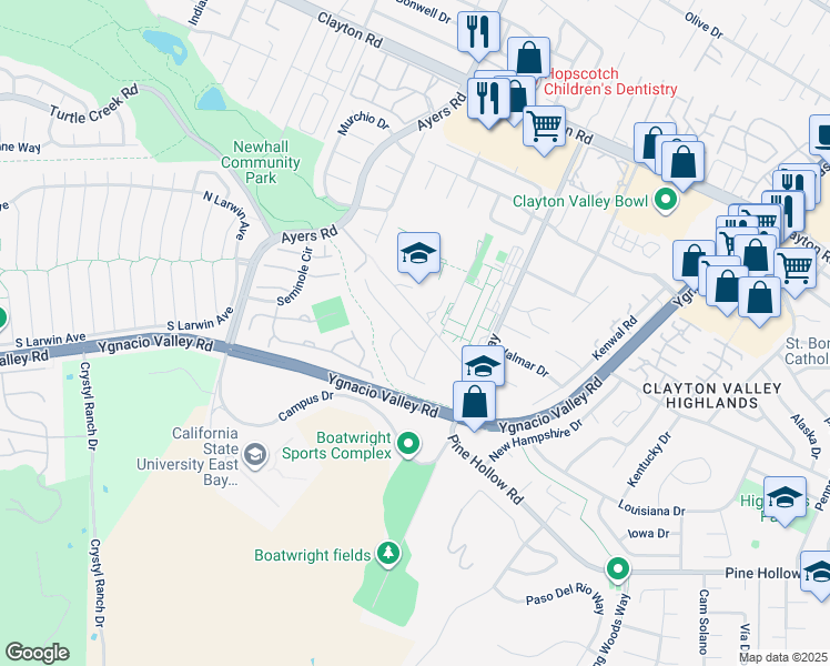 map of restaurants, bars, coffee shops, grocery stores, and more near 5139 Black Oak Road in Concord