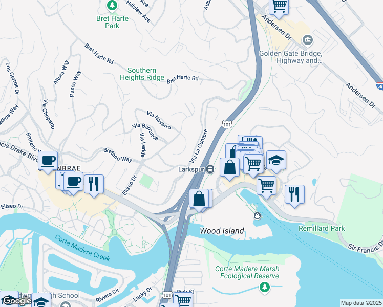 map of restaurants, bars, coffee shops, grocery stores, and more near 139 Vía La Cumbre in Larkspur