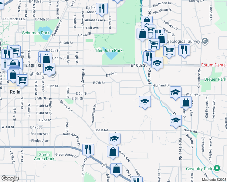 map of restaurants, bars, coffee shops, grocery stores, and more near 36 Irene Street in Rolla