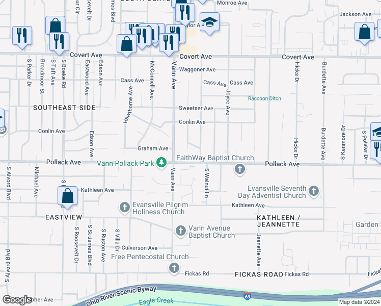 map of restaurants, bars, coffee shops, grocery stores, and more near 2010 Dianne Ct in Evansville