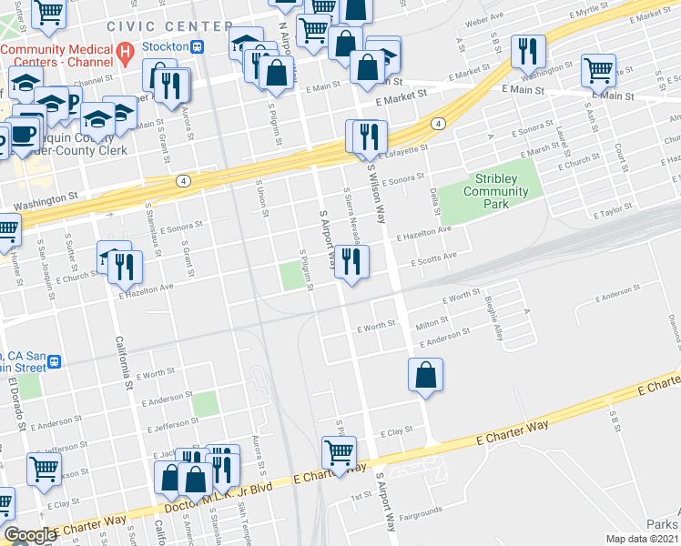map of restaurants, bars, coffee shops, grocery stores, and more near 1301 E Scotts Ave in Stockton