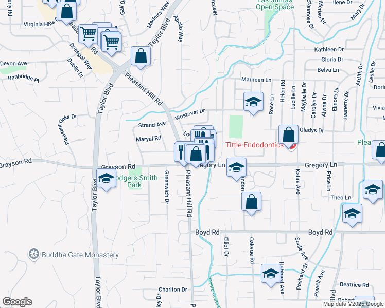 map of restaurants, bars, coffee shops, grocery stores, and more near 721 Gregory Lane in Pleasant Hill