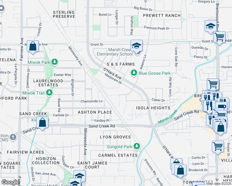 map of restaurants, bars, coffee shops, grocery stores, and more near 589 Caraway Court in Brentwood