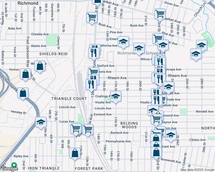 map of restaurants, bars, coffee shops, grocery stores, and more near 1518 Dunn Avenue in Richmond