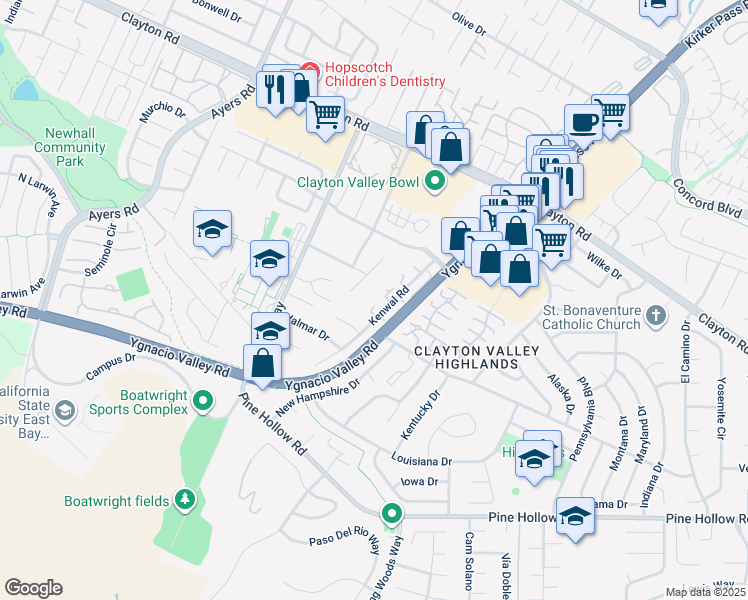 map of restaurants, bars, coffee shops, grocery stores, and more near 1175 Kenwal Road in Concord