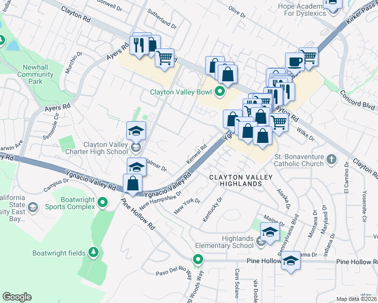 map of restaurants, bars, coffee shops, grocery stores, and more near 1175 Kenwal Road in Concord