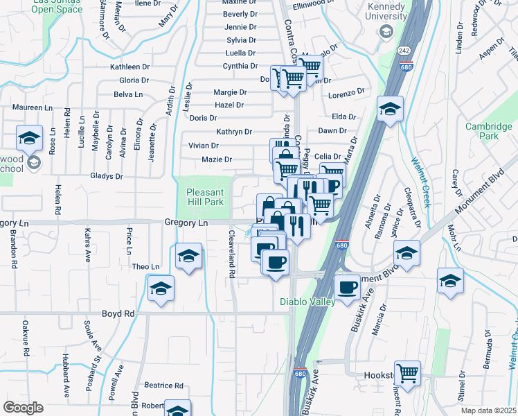 map of restaurants, bars, coffee shops, grocery stores, and more near Mozden Lane in Pleasant Hill
