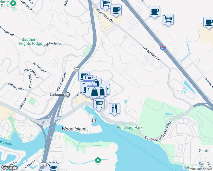 map of restaurants, bars, coffee shops, grocery stores, and more near 700 Lincoln Village Circle in Larkspur