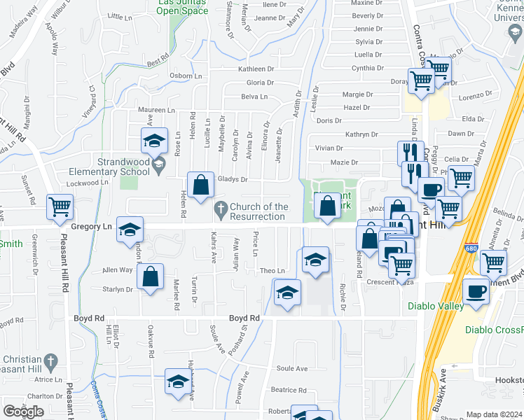 map of restaurants, bars, coffee shops, grocery stores, and more near 399-301 Betty Lane in Pleasant Hill