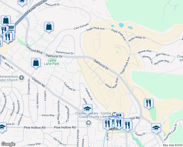 map of restaurants, bars, coffee shops, grocery stores, and more near 49 Tule Court in Clayton