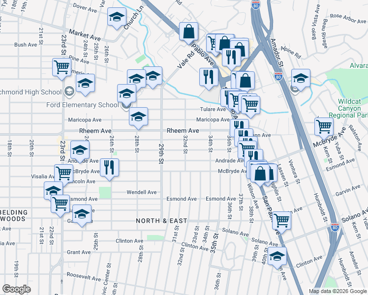 map of restaurants, bars, coffee shops, grocery stores, and more near 1077 32nd Street in Richmond