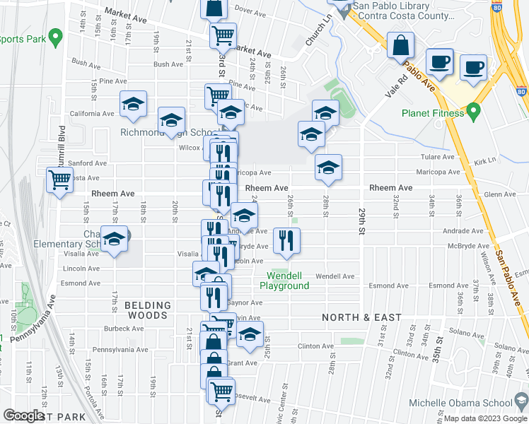 map of restaurants, bars, coffee shops, grocery stores, and more near 2425 Humphrey Avenue in Richmond