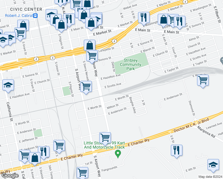 map of restaurants, bars, coffee shops, grocery stores, and more near 1502 East Taylor Street in Stockton