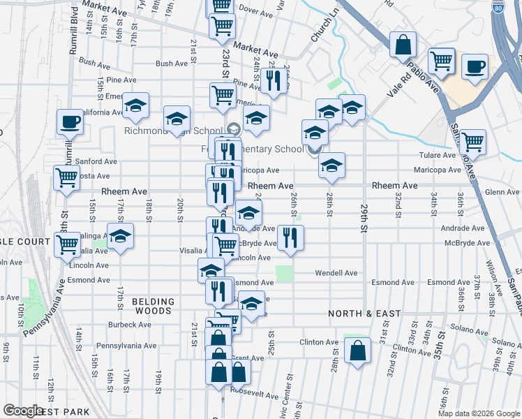 map of restaurants, bars, coffee shops, grocery stores, and more near 2435 Humphrey Avenue in Richmond