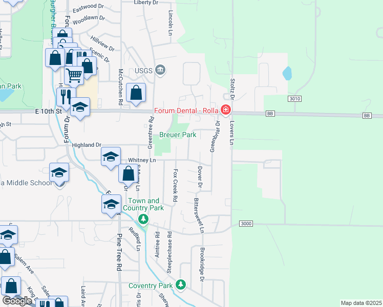 map of restaurants, bars, coffee shops, grocery stores, and more near 613 Dover Drive in Rolla