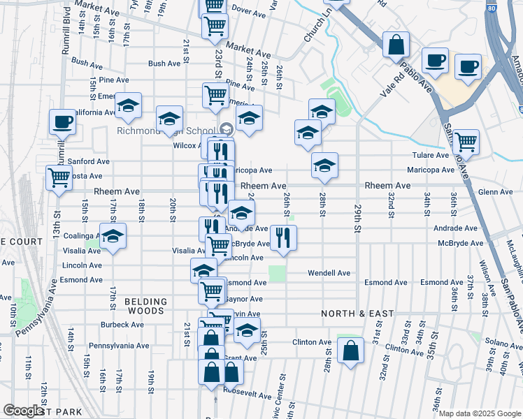 map of restaurants, bars, coffee shops, grocery stores, and more near 2425 Humphrey Avenue in Richmond