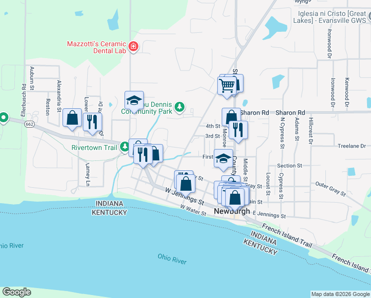 map of restaurants, bars, coffee shops, grocery stores, and more near 520 Jefferson Street in Newburgh