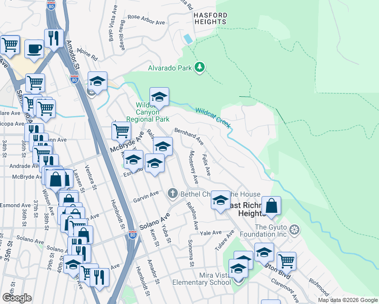 map of restaurants, bars, coffee shops, grocery stores, and more near 5988 Monterey Avenue in Richmond