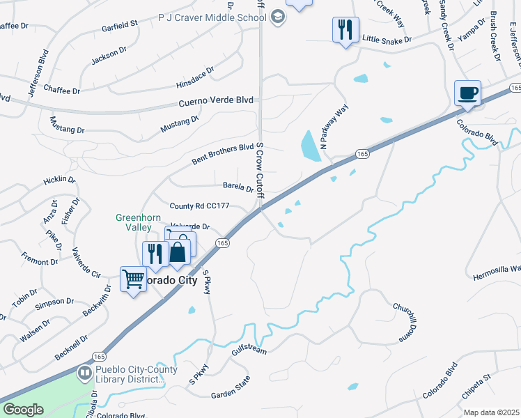 map of restaurants, bars, coffee shops, grocery stores, and more near Colorado 165 in Pueblo