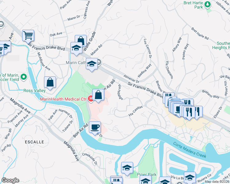 map of restaurants, bars, coffee shops, grocery stores, and more near 429 Vía Hidalgo in Larkspur