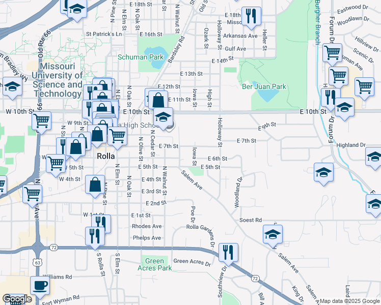 map of restaurants, bars, coffee shops, grocery stores, and more near 701 East 6th Street in Rolla